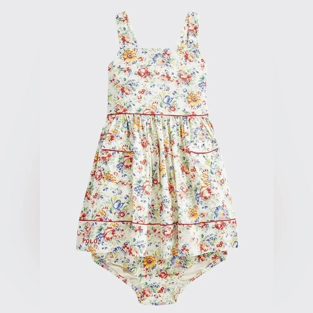 Ralph Lauren Cream Red Blue Yellow Green Floral Print Cotton Sundress 3 months